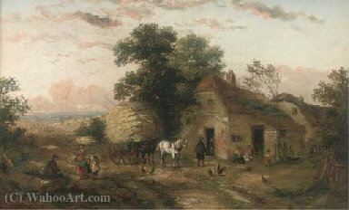 A Hay Cart And Figures Outside A Farm; And At The Village Pump — Georgina Lara