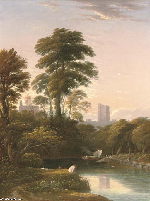 The Bank Of The Thames With Figures In The Foreground And Windsor Castle Beyond — John Varley I (the Older)