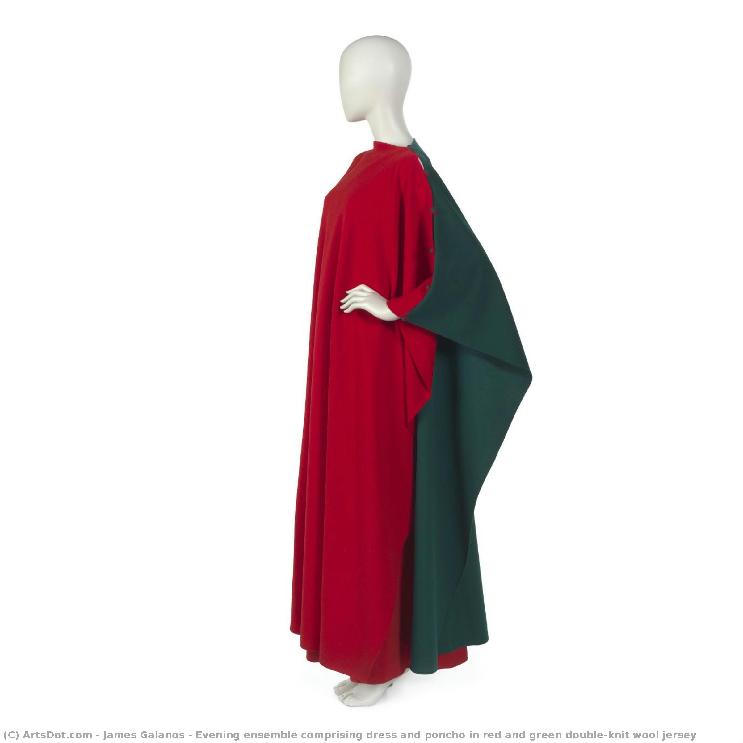 Evening Ensemble Comprising Dress And Poncho In Red And Green Double-knit Wool Jersey — James Galanos