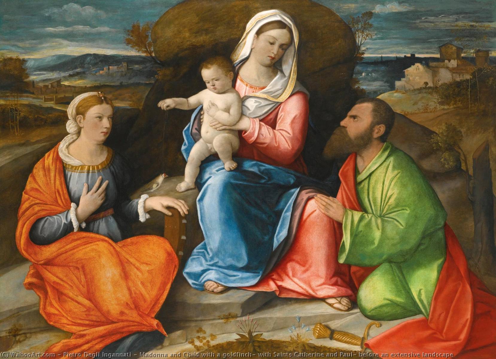 Madonna And Child With A Goldfinch, With Saints Catherine And Paul, Before An Extensive Landscape — Pietro Degli Ingannati
