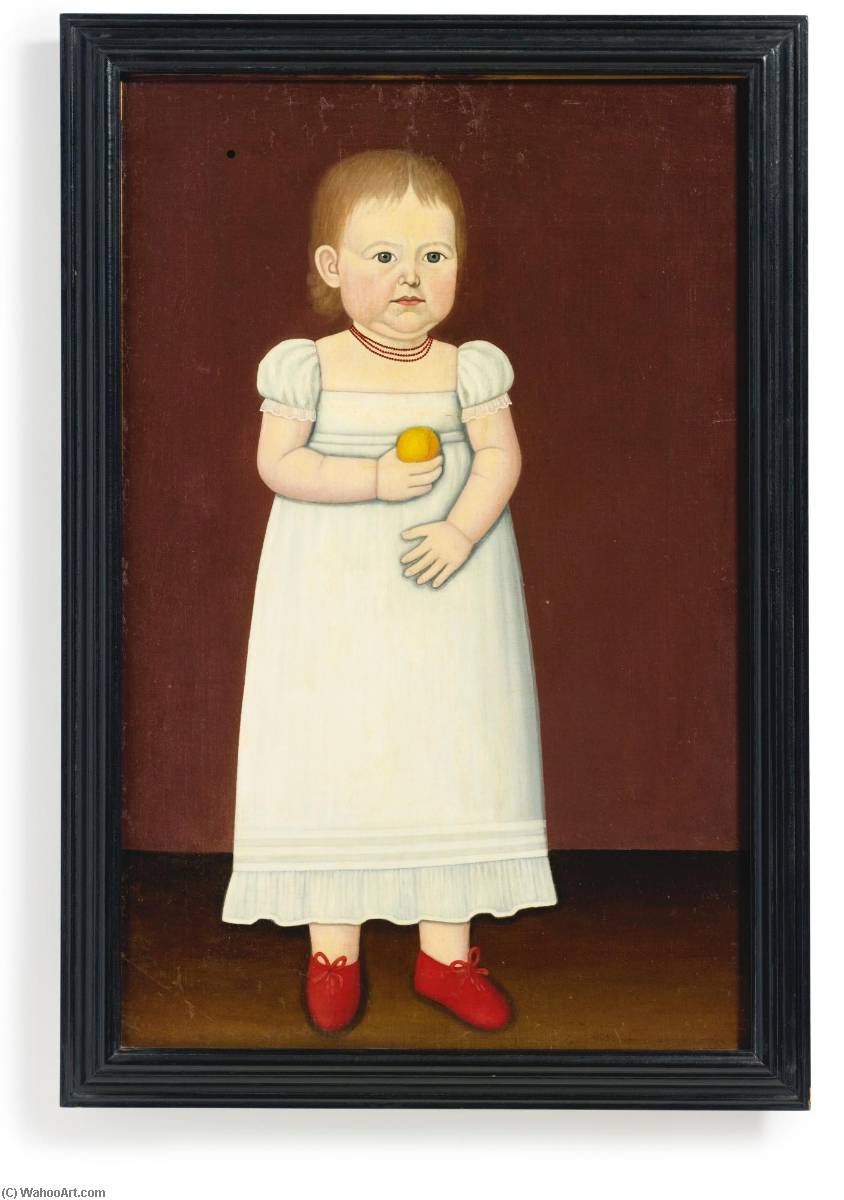Full Length Portrait Of A Young Child In Red Shoes, White Dress And Holding A Peach — John Brewster Junior