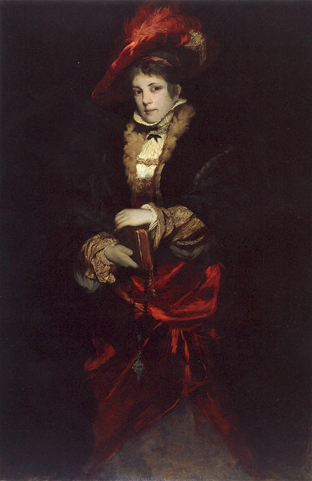 Portrait Of A Lady With Red Plumed Hat — Hans Makart