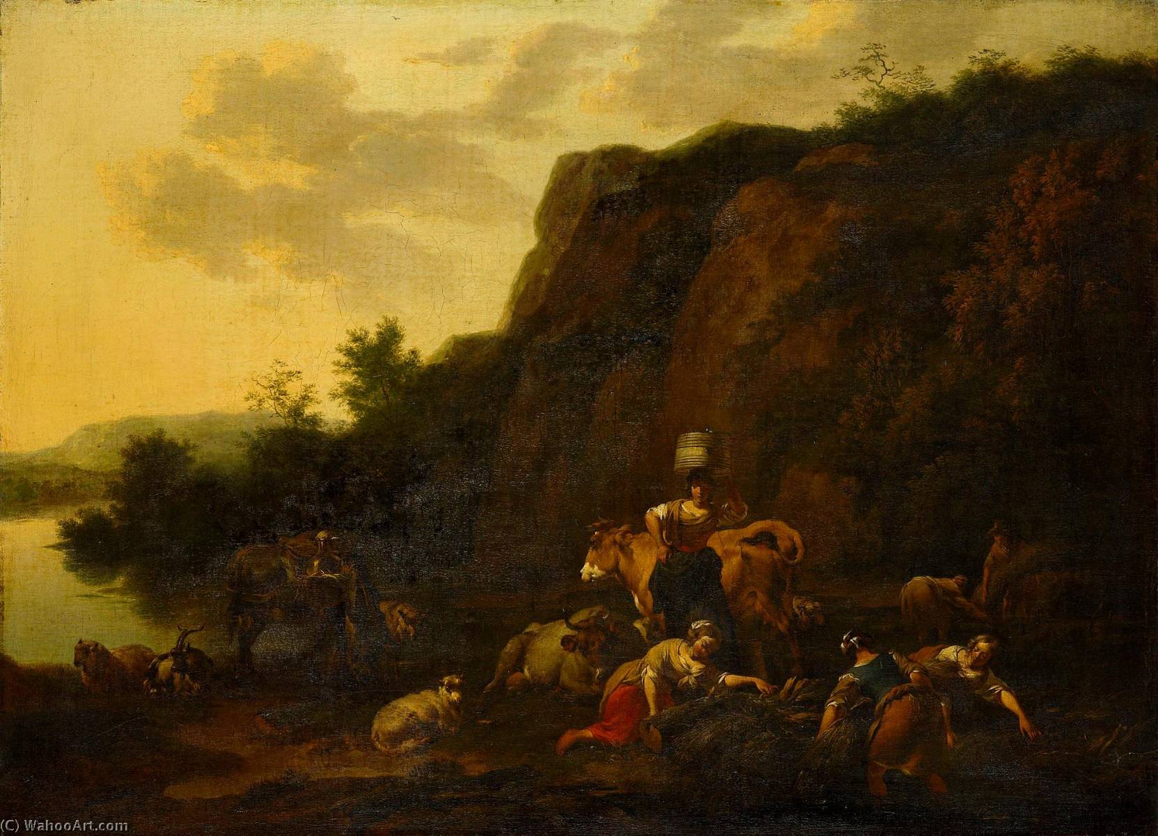 Landscape With A Milkmaid And Women Gathering Reeds — Nicolaes Pietersz Berchem