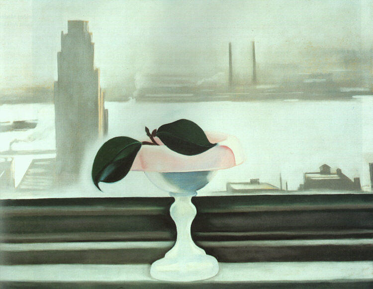Pink Dish And Green Leaves — Georgia O'keeffe