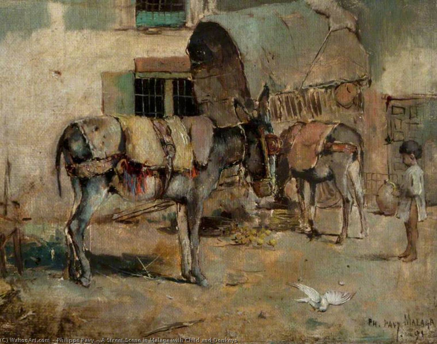 A Street Scene In Malaga With Child And Donkeys — Philippe Pavy