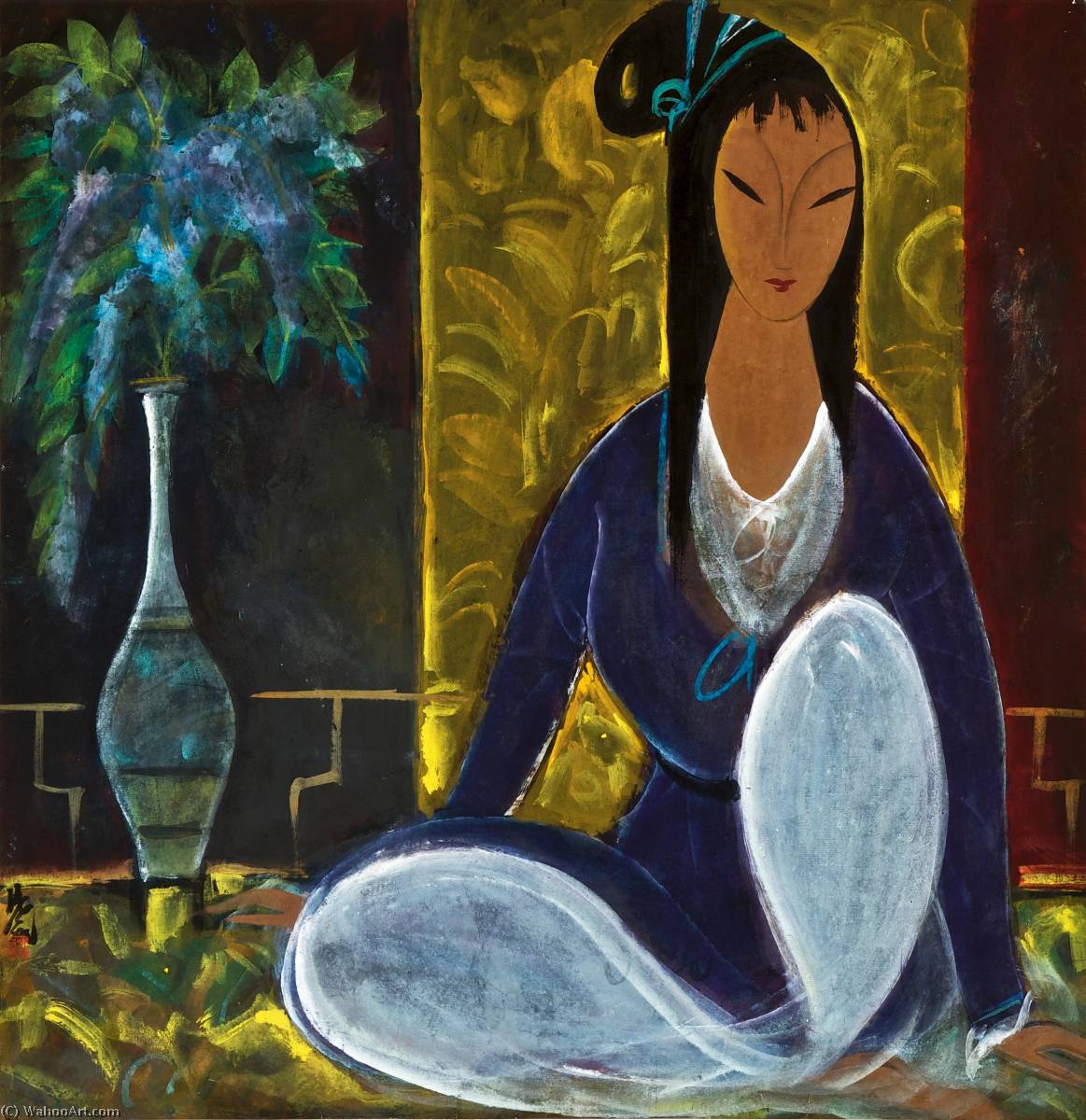 Seated Lady With Flowers — Lin Fengmian Gans Volando Sobre El Estanque De Loto