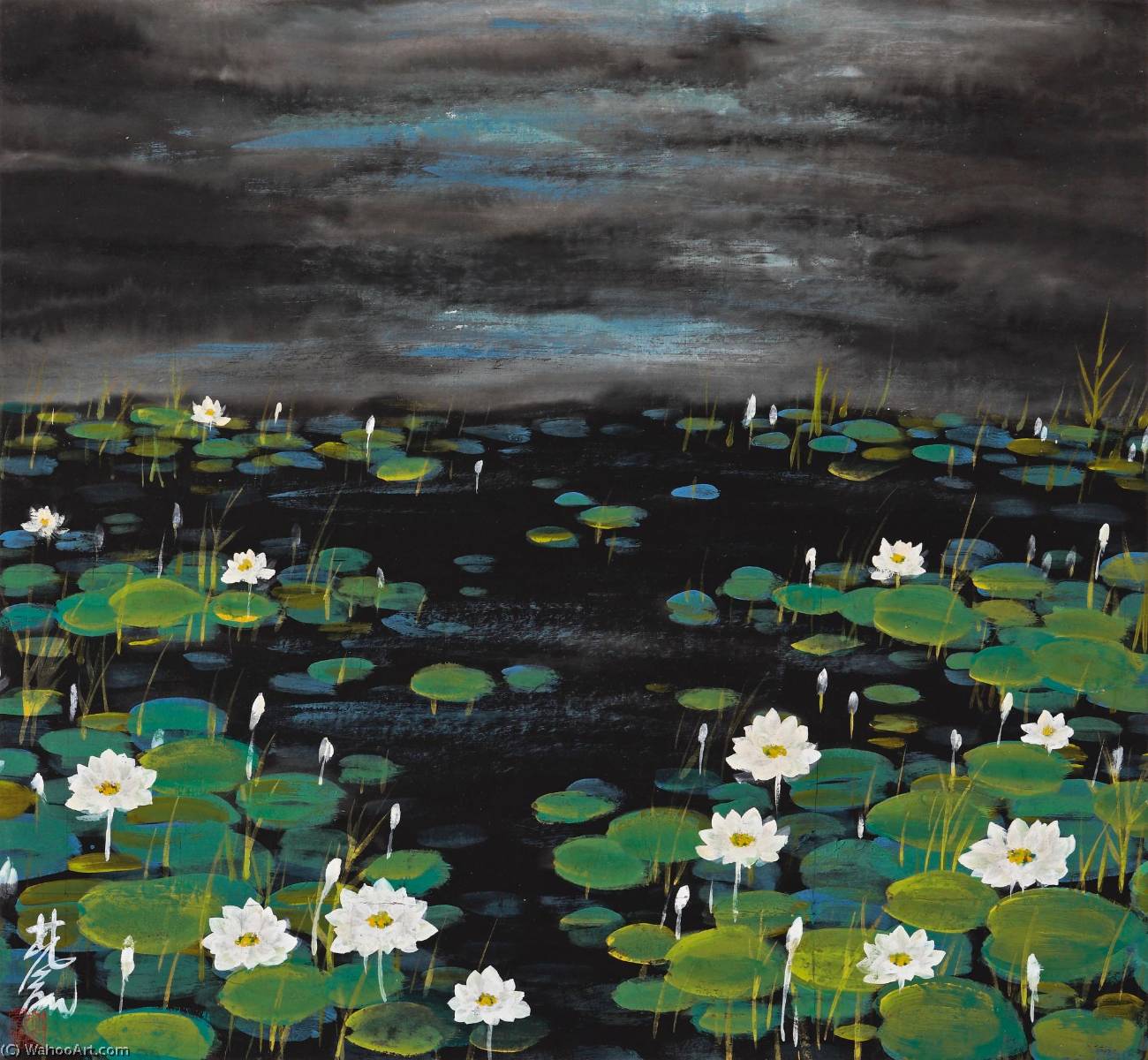 Lotus Pond At Nightfall — Lin Fengmian Flying Geese Over The Lotus Pond