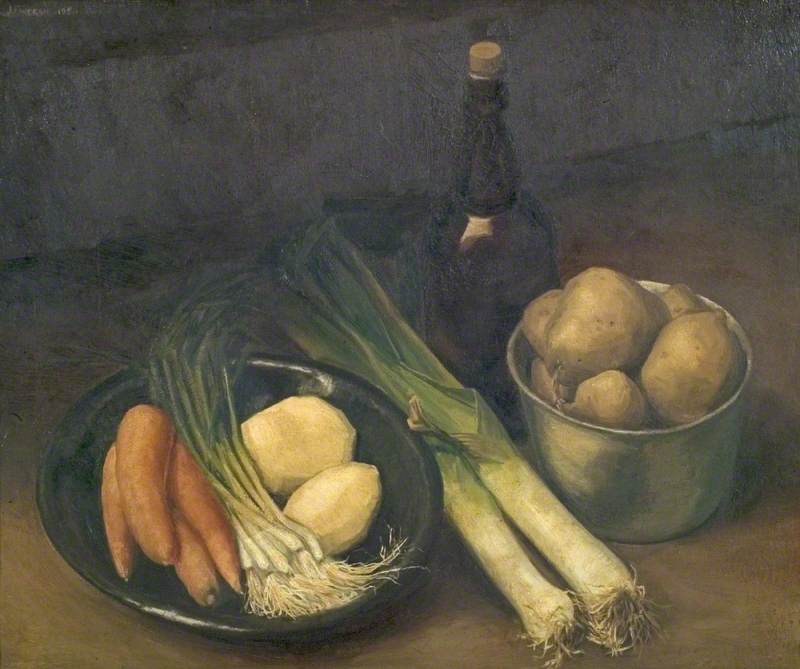 Still Life Of Vegetables, Wine Bottle, Shallow Dish And Metal Container — John Fineran