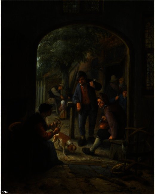 A Spinner Conversing With Two Smoking And Drinking Peasants At The Court-yard Of An Inn, Figures And Children In The Background — Adriaen Van Ostade