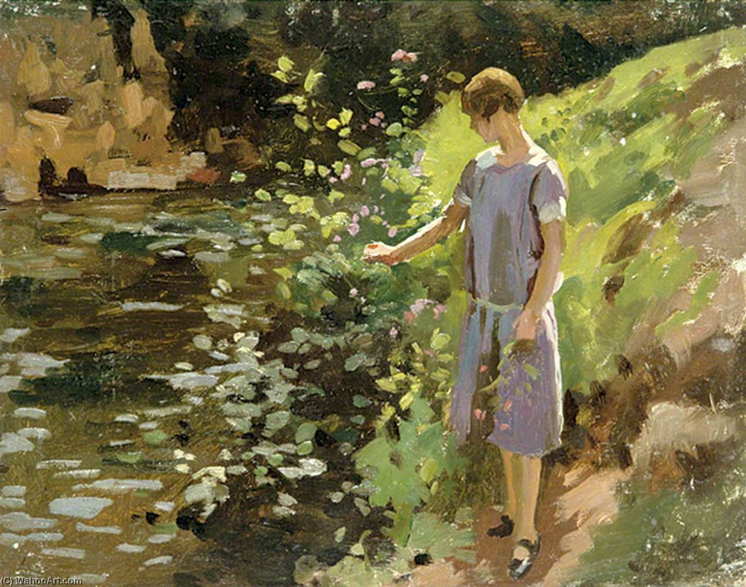 Woman In A Purple Dress Picking Flowers On A Riverbank — Gunning King