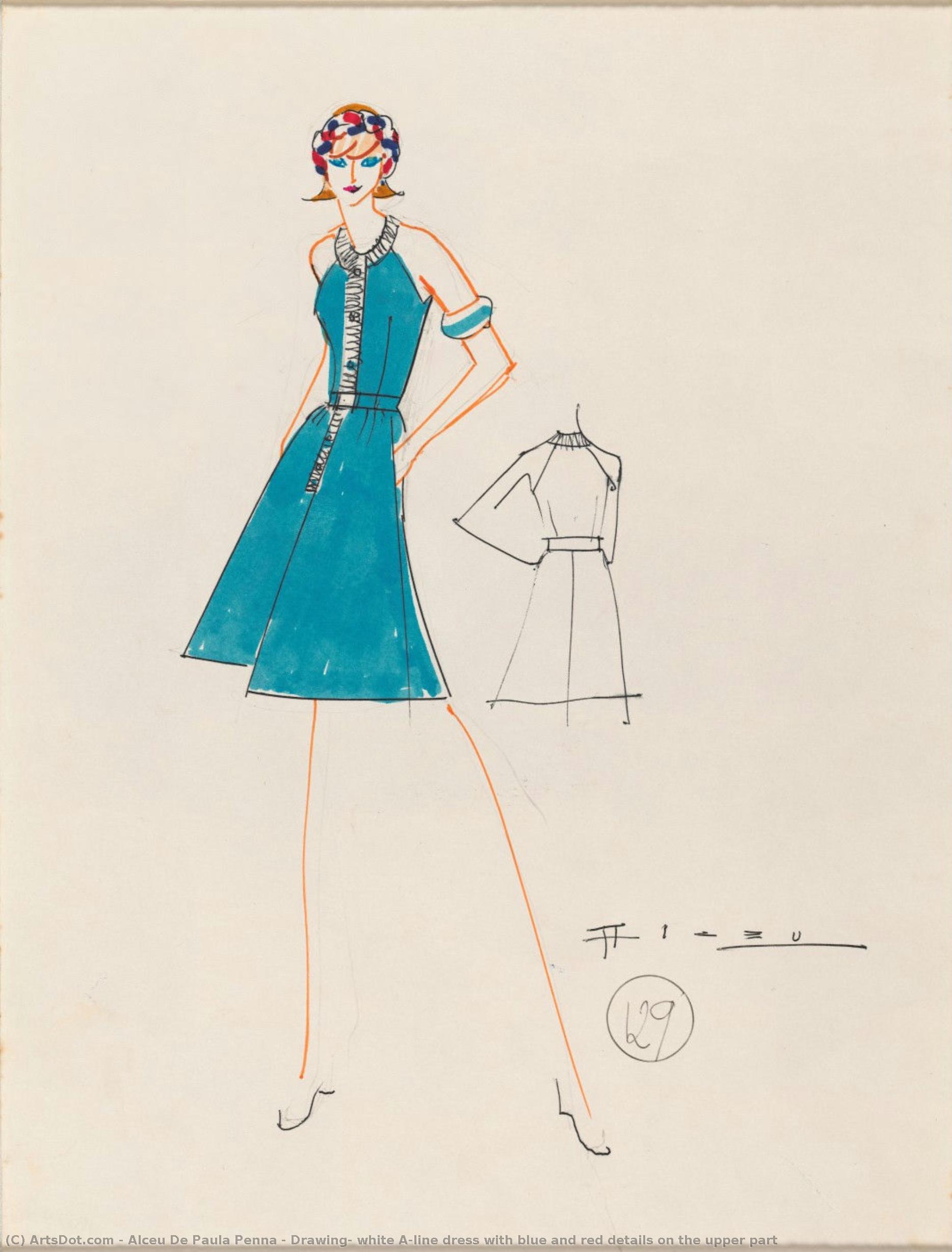 Drawing, White A-line Dress With Blue And Red Details On The Upper Part — Alceu De Paula Penna