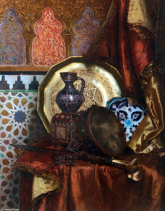 A Tambourine, Knife, Moroccan Tile And Plate On Satin Covered Table — Rudolph Ernst
