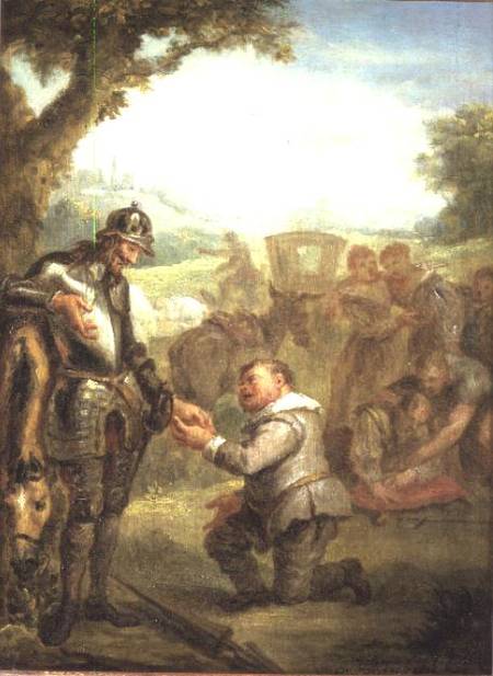 Don Quixote After The Duel With The Brave Biscayan, Leans On His Horse Rosinante, While Sancho Panch — John Vanderbank