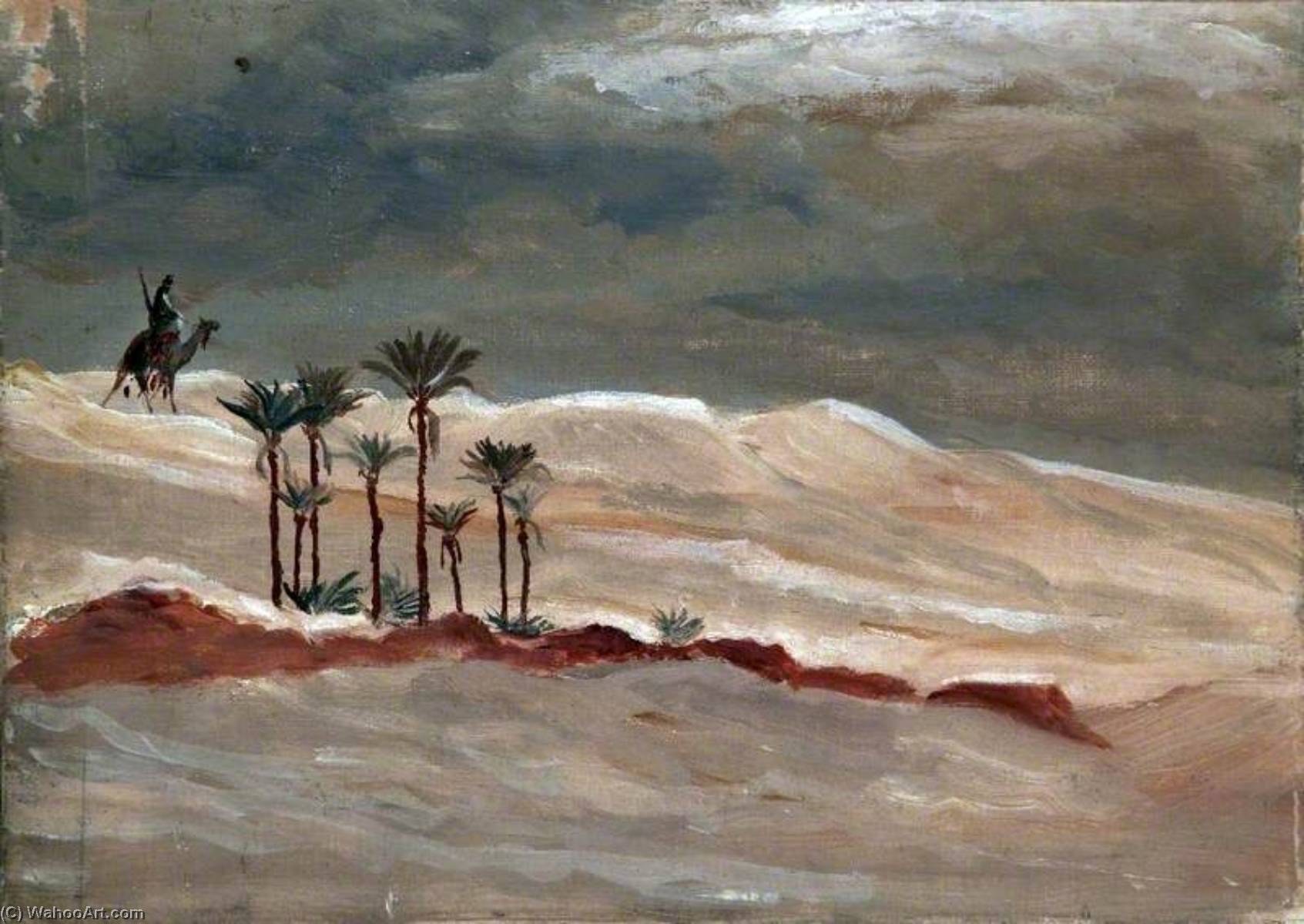 Desert Landscape With A Camel Rider, Palm Trees And Stormy Sky — Caroline Emily Gray Hill