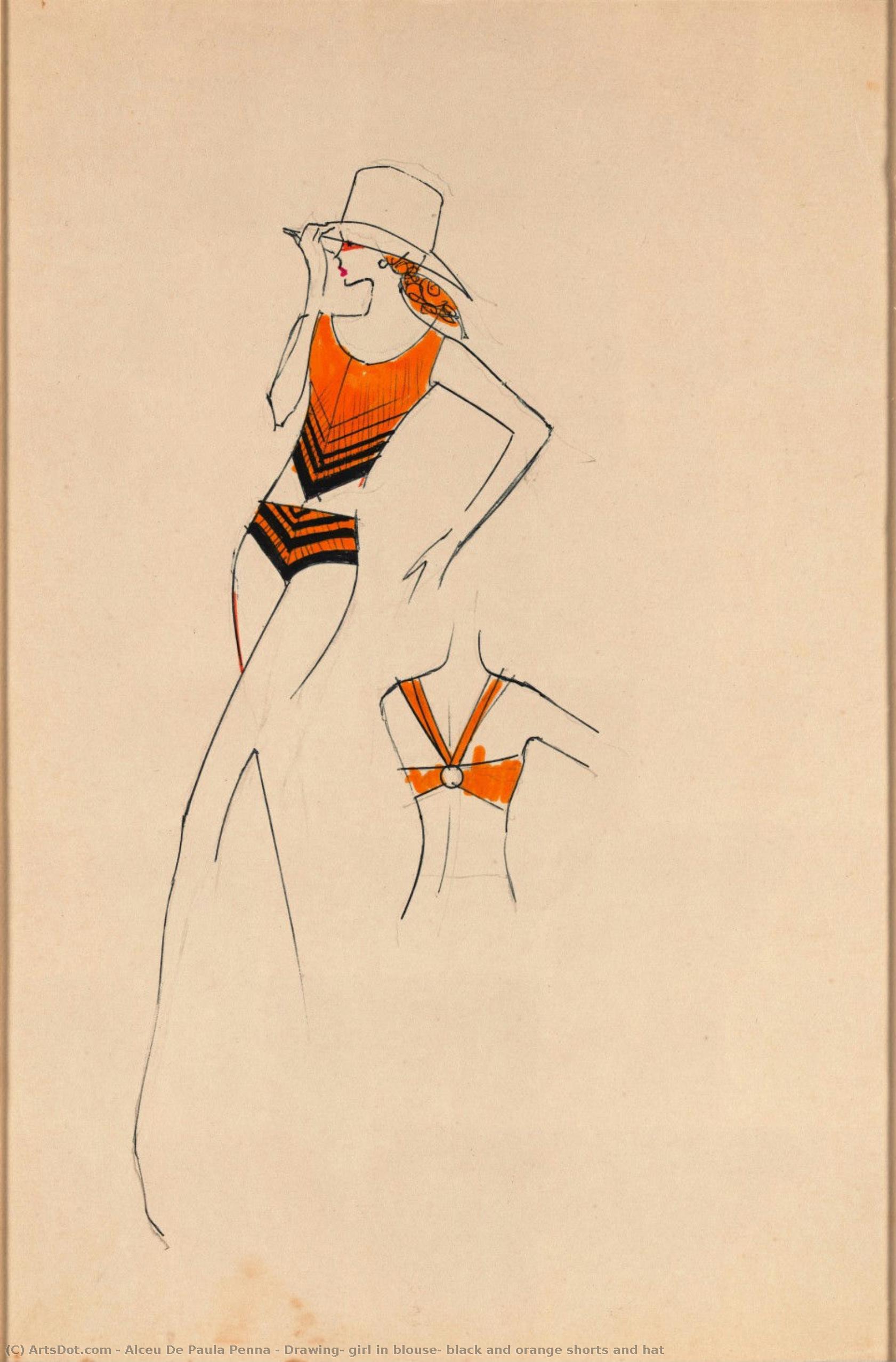 Drawing, Girl In Blouse, Black And Orange Shorts And Hat — Alceu Penna