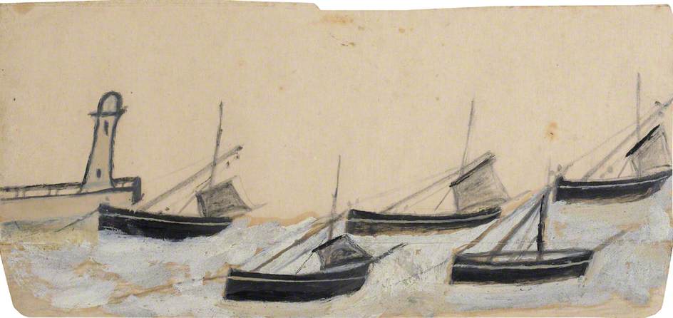 Five Fishing Boats Anchored By Pier And Lighthouse — Alfred Wallis