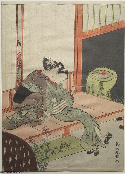 Girl Embracing Lover On Verandah — Suzuki Harunobu