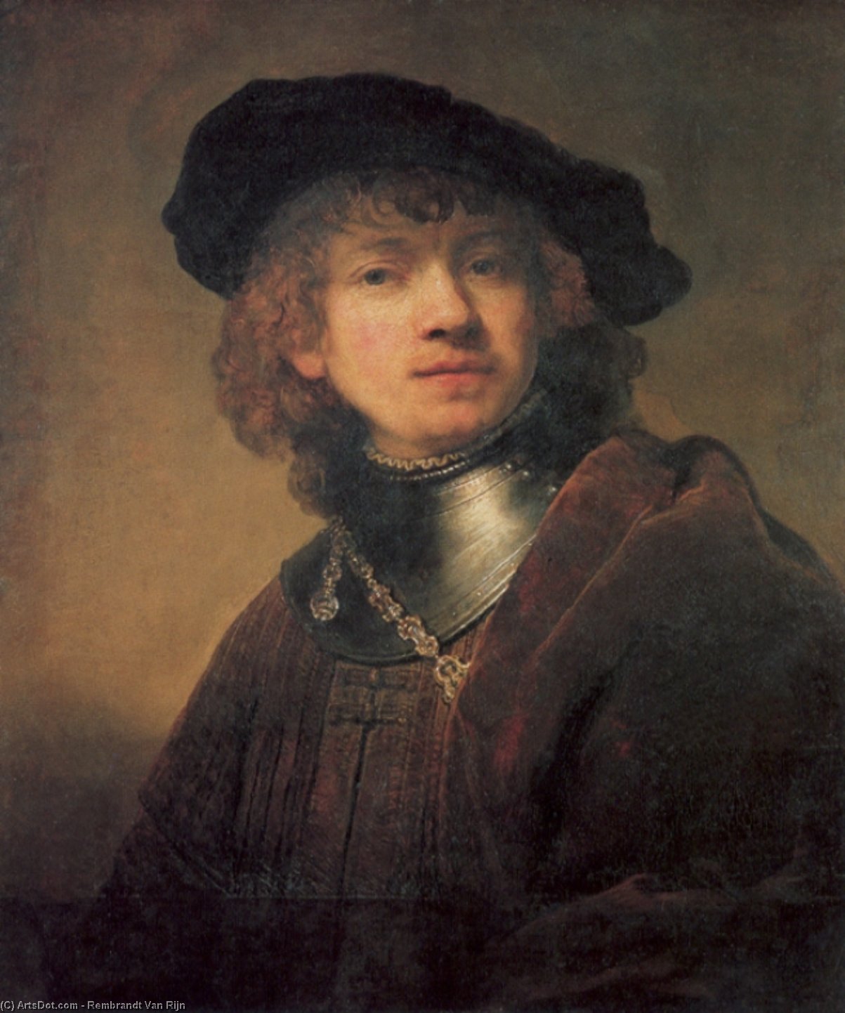Tronie Eines Jungen Mannes Mit Gorget Und Beret — Rembrandt Van Rijn