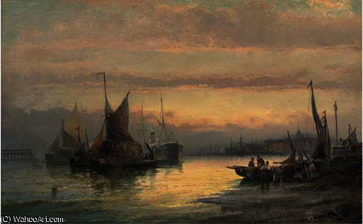 Unloading The Day's Catch At Dusk; And Hay Barges And A Steamer Anchored Off The Beach At Dusk — William A. Thornley (thornbery)