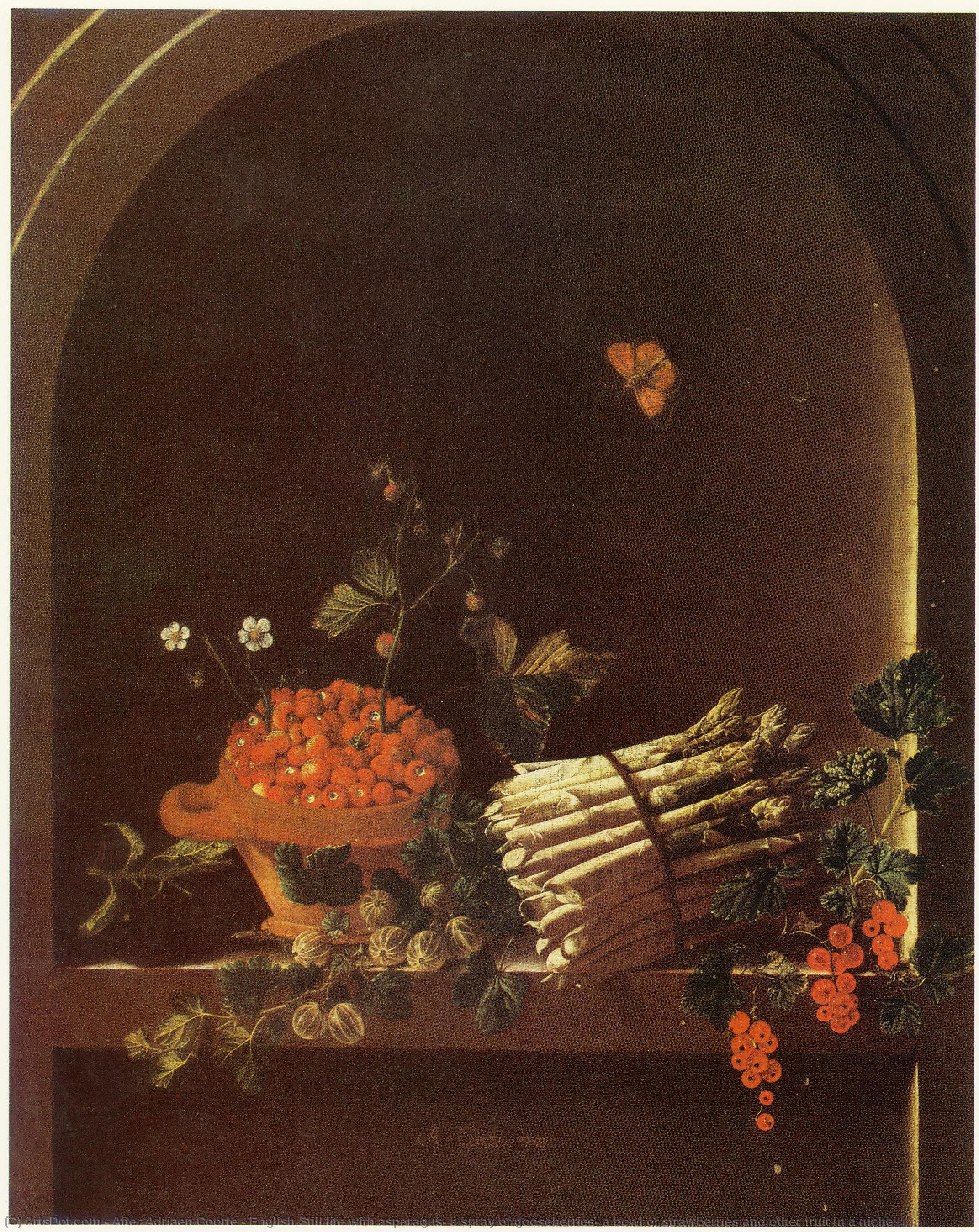 English Still Life With Asparagus, A Spray Of Gooseberries, A Bowl Of Strawberries And Other Fruit In A Niche — Nach Adriaen Coorte
