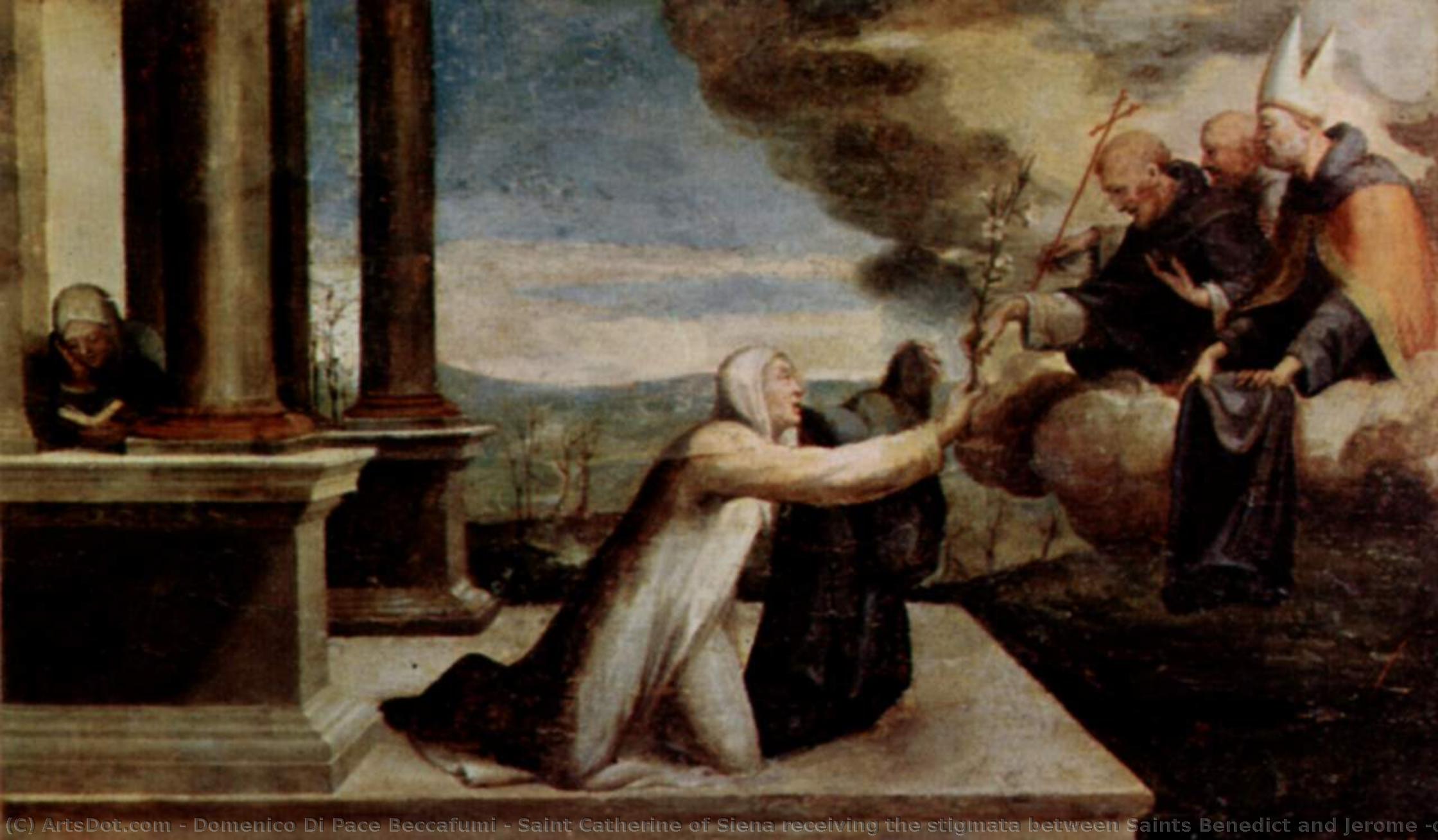 Saint Catherine Of Siena Receiving The Stigmata Between Saints Benedict And Jerome (detail) — Domenico Di Pace Beccafumi