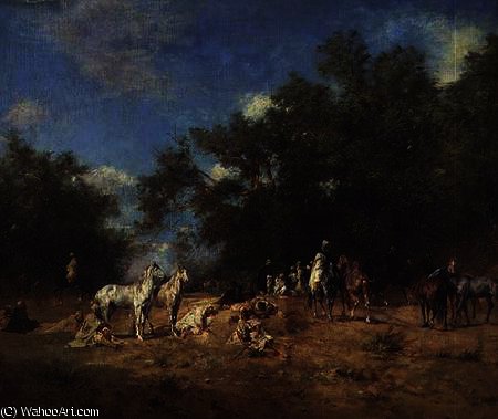 Arab Horsemen Resting In The Forest — Eugène Fromentin