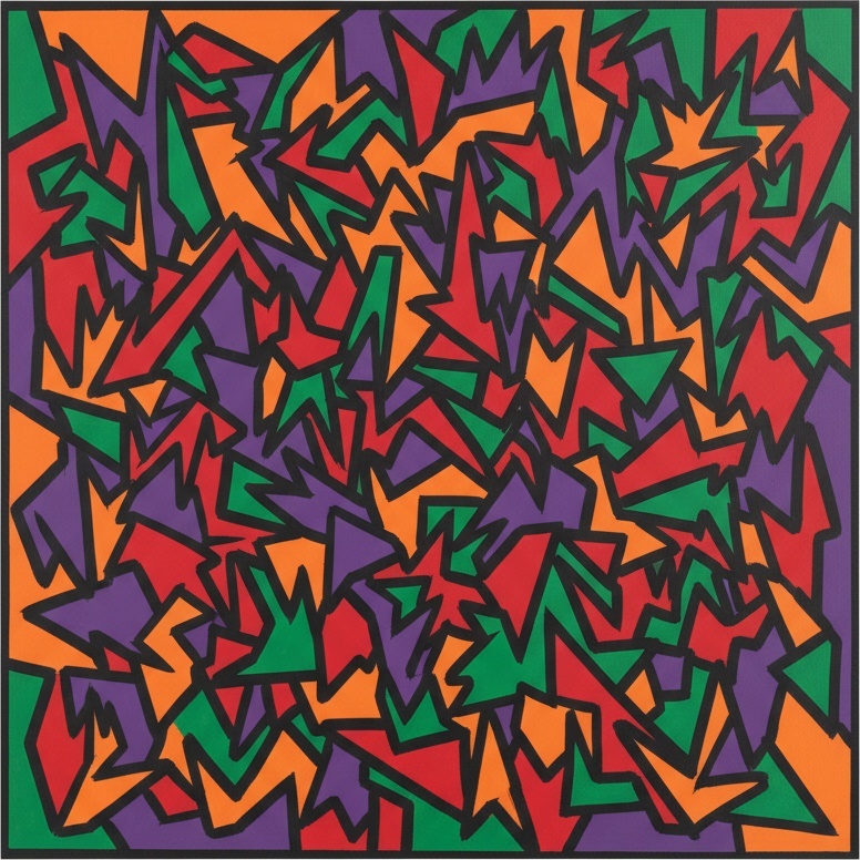 Fragmented Kineticism: A Singular Mosaic Of Chromatic Tension And Jagged Geometric Chaos — Caroline Pelletier