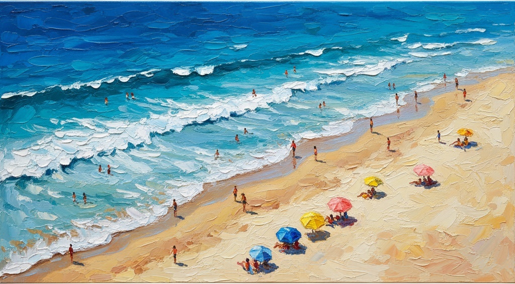 Ephemeral Tides: A Textured Symphony Of Azure Waves And Sun-drenched Shores — Christian Noiret