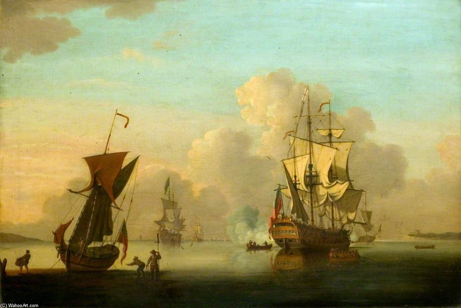 Sea Piece - English Frigates At Anchor In A Calm, Saluting — Francis Swaine
