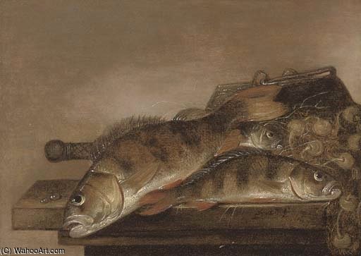 Sea Bream, A Fishing Basket And Nets On A Wooden Table — Pieter De Putter