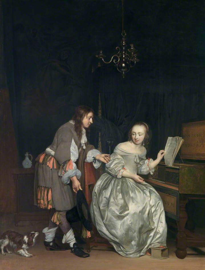 Interior With A Lady At A Spinet And A Gentleman Offering Her A Glass Of Wine — Gabriel Metsu