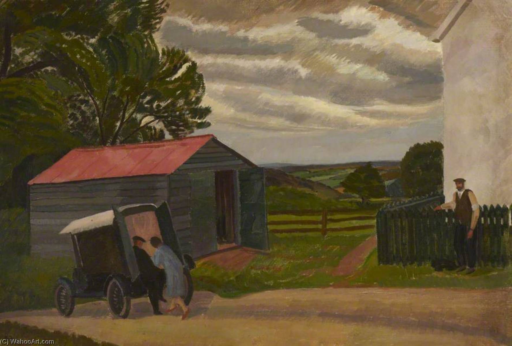 Farm Scene With Couple Delivering Goods — Barnett Freedman