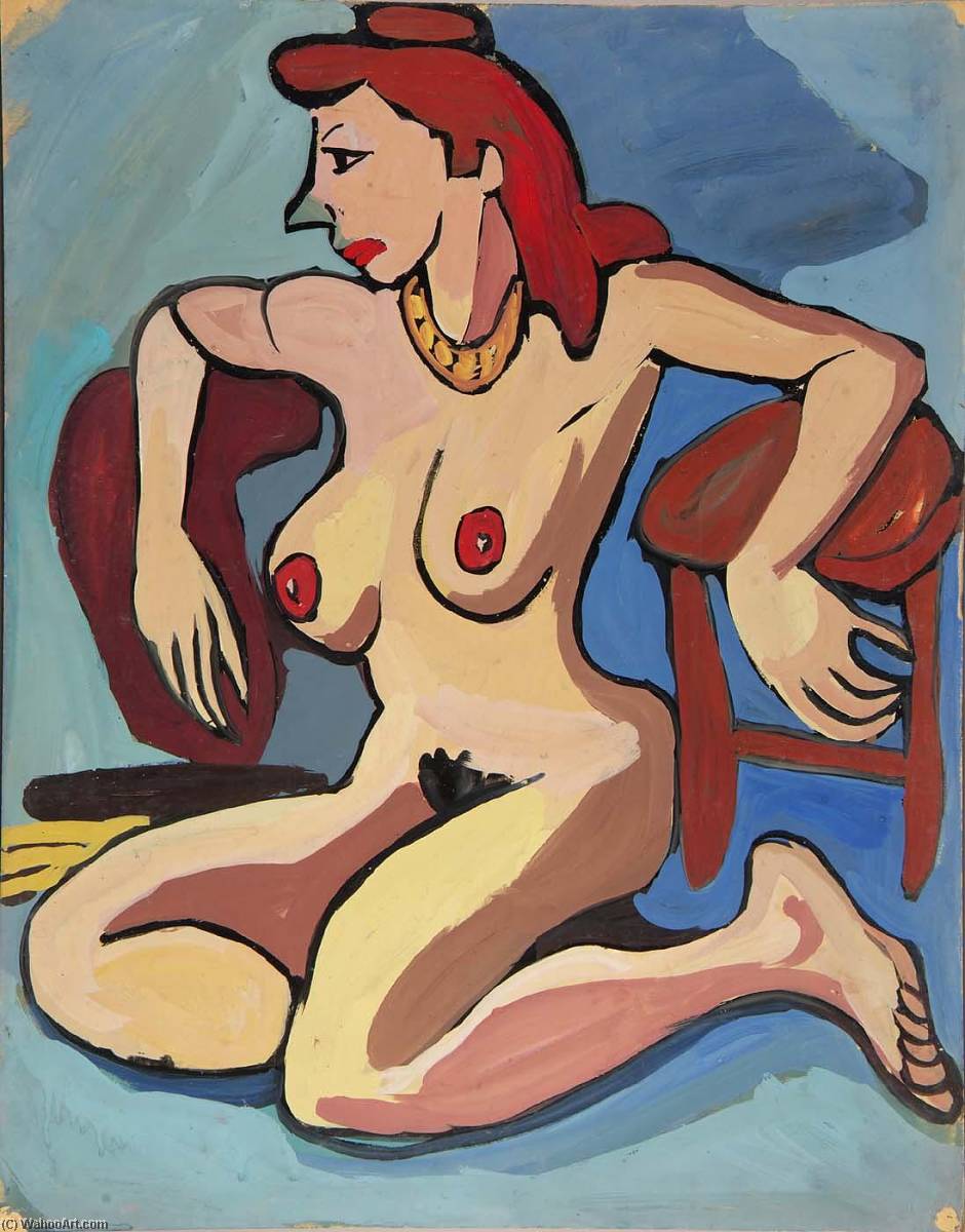 Seated Female Nude With Gold Necklace And Auburn Hair — William H. Johnson