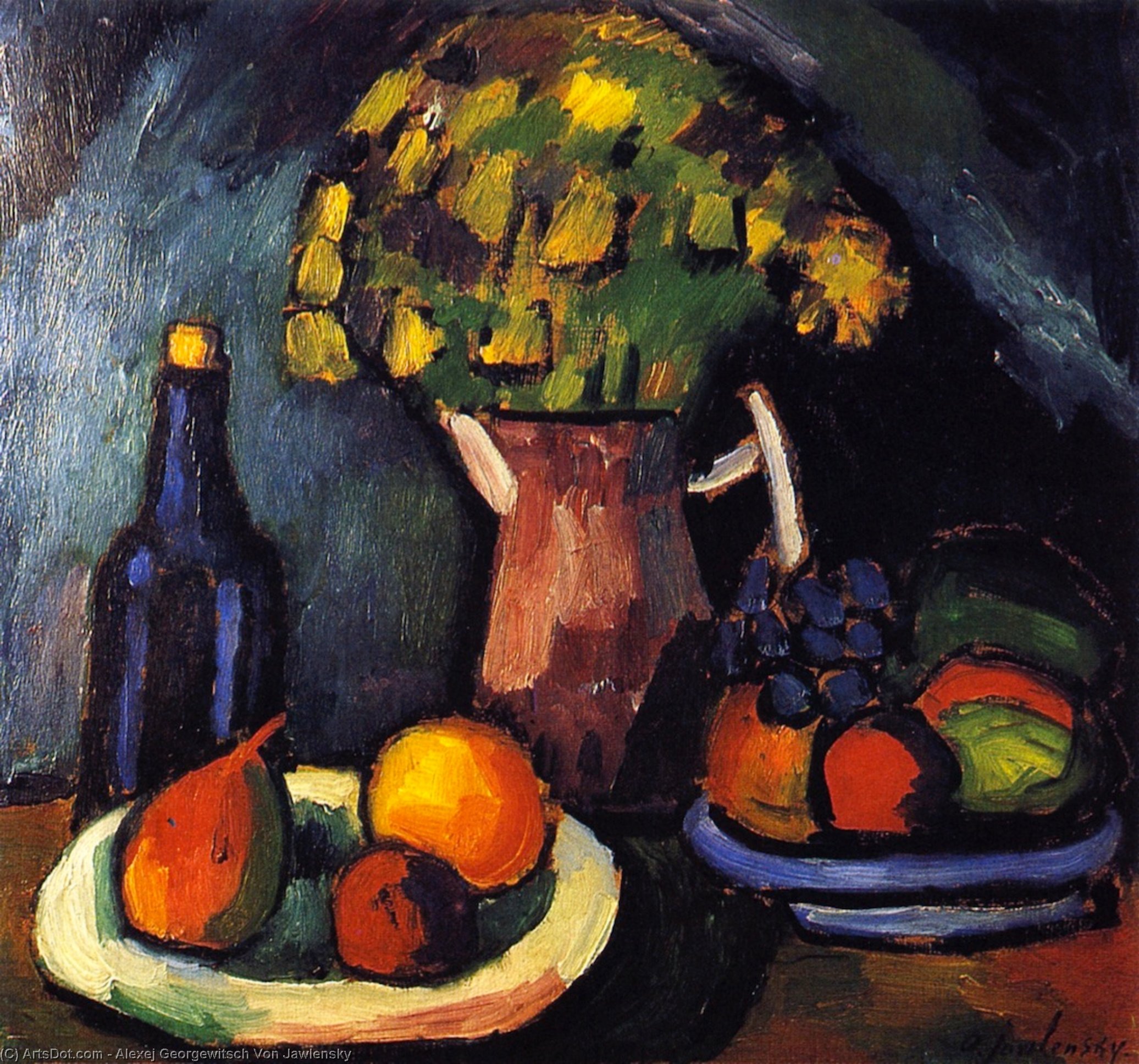 Still Life With Bouquet, Fruit Bowls And Bottle — Alexej Von Jawlensky