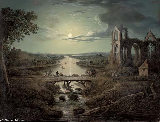 A Moonlit View Of The River Tweed With Melrose Abbey In The Foreground And Figures On A Bridge — Abraham Pether