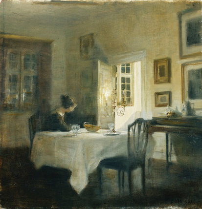 A Woman At A Table In A Dining Room — Carl Vilhelm Holsoe