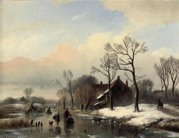 Figures On A Frozen Stream Near A Farm House — Willem Vester