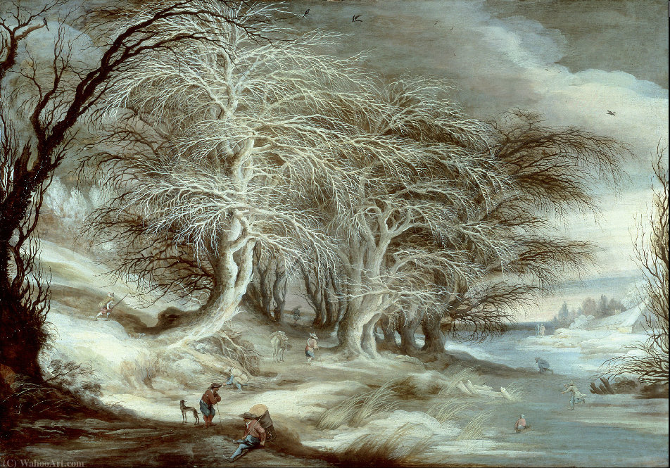 Winter Landscape With People Strolling On The Banks Of A Frozen River Where Children Play — Gijsbrecht Leytens