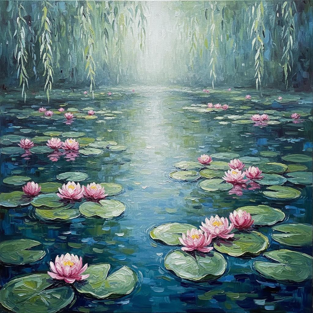Ethereal Reflections Of Floating Lilies Beneath The Veiled Willow Canopy — Christian Noiret