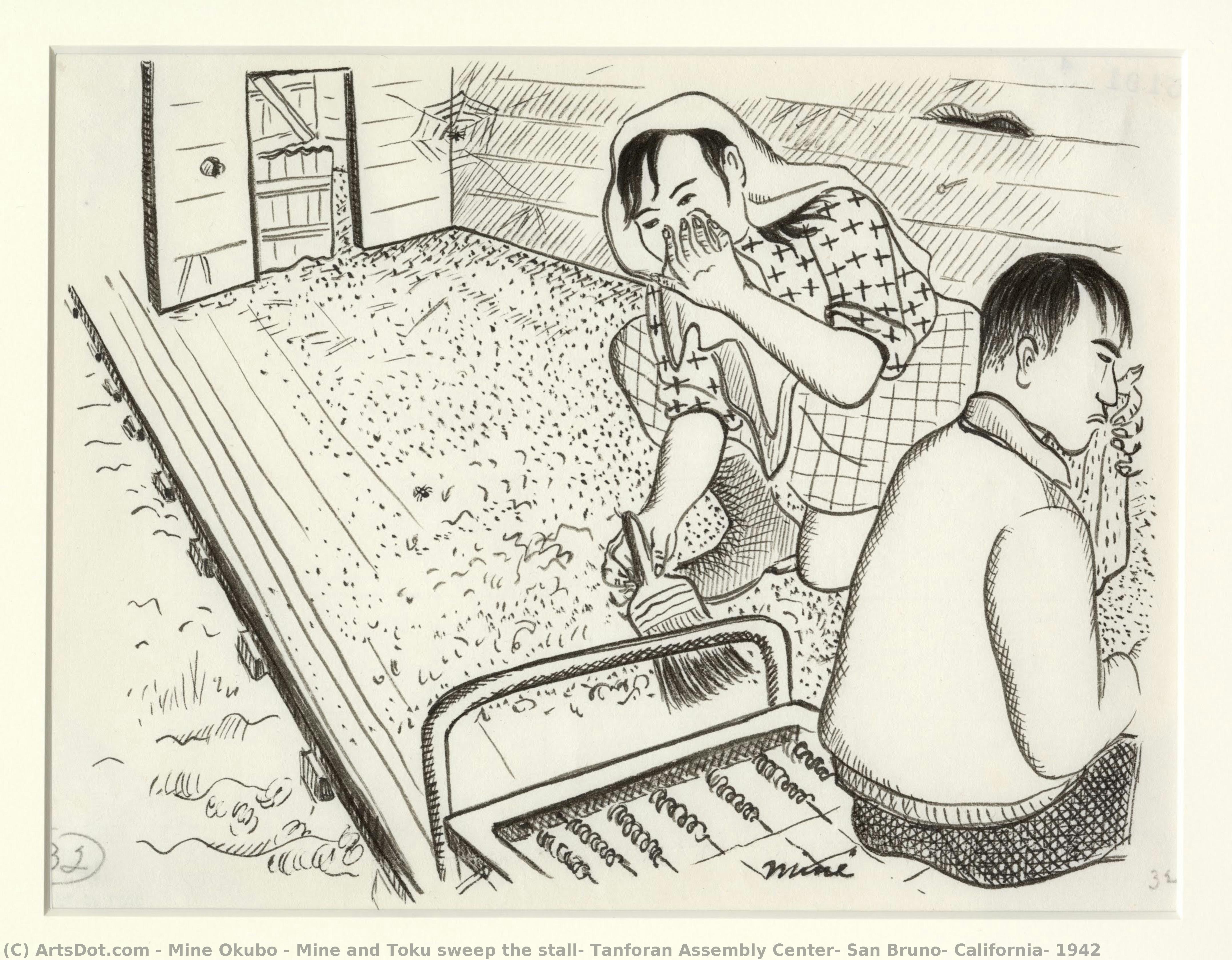 Mine And Toku Sweep The Stall, Tanforan Assembly Center, San Bruno, California, 1942 — Miné Okubo