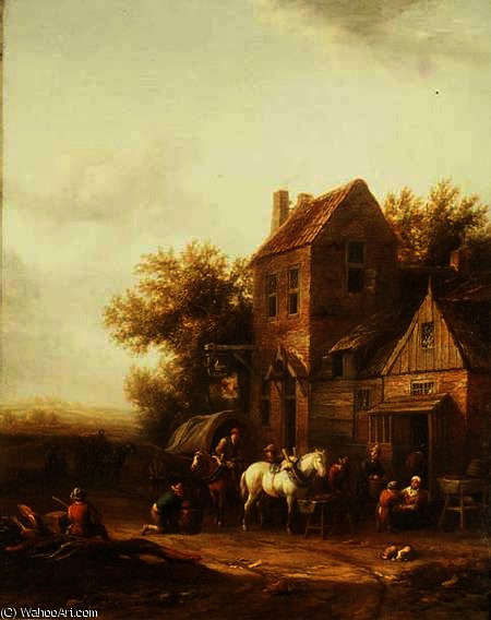 Travellers Watering Their Horses Outside An Inn — Barend Gael