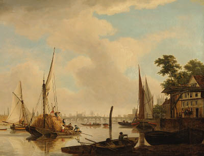 View Of London Bridge With A Hay Barge In The Foreground — John Thomas Serres
