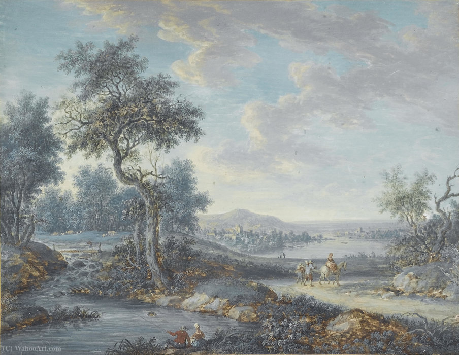 A River Landscape With Figures Angling And A Village Beyond — Christoph Ludwig Agricola