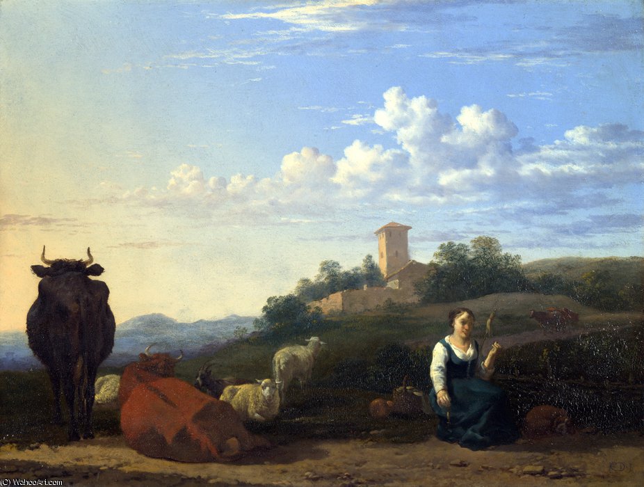 A Woman With Cattle And Sheep In An Italian Landscape — Karel Dujardin