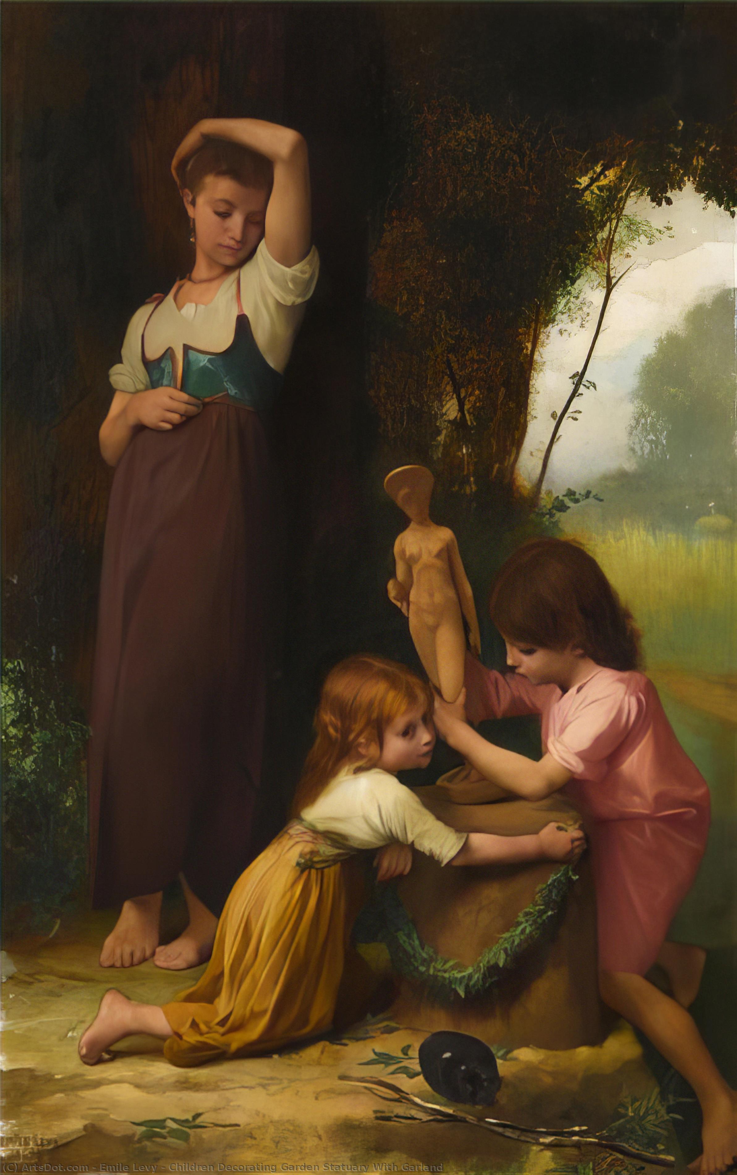 Children Decorating Garden Statuary With Garland — Emile Levy