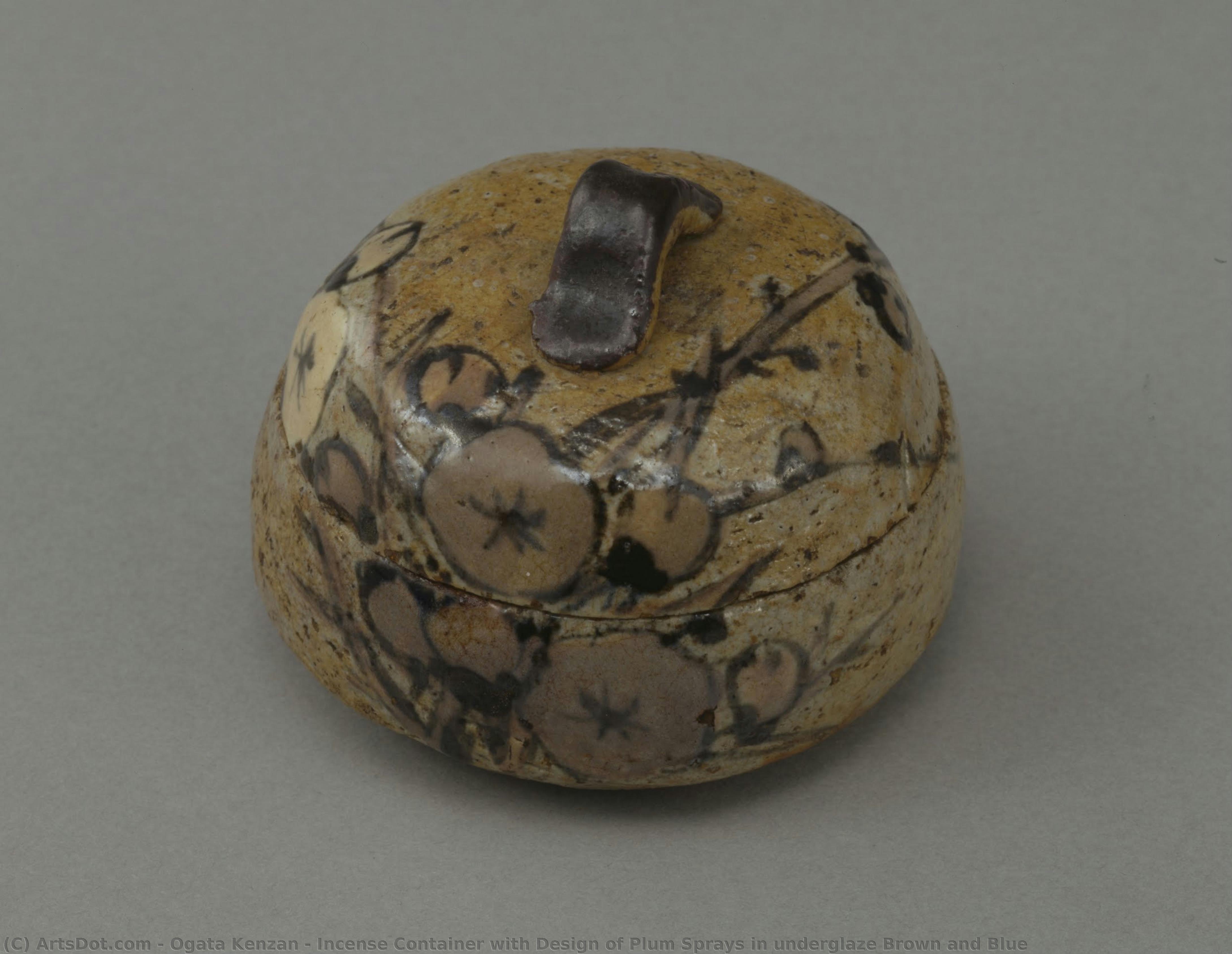 Incense Container With Design Of Plum Sprays In Underglaze Brown And Blue — Ogata Kenzan