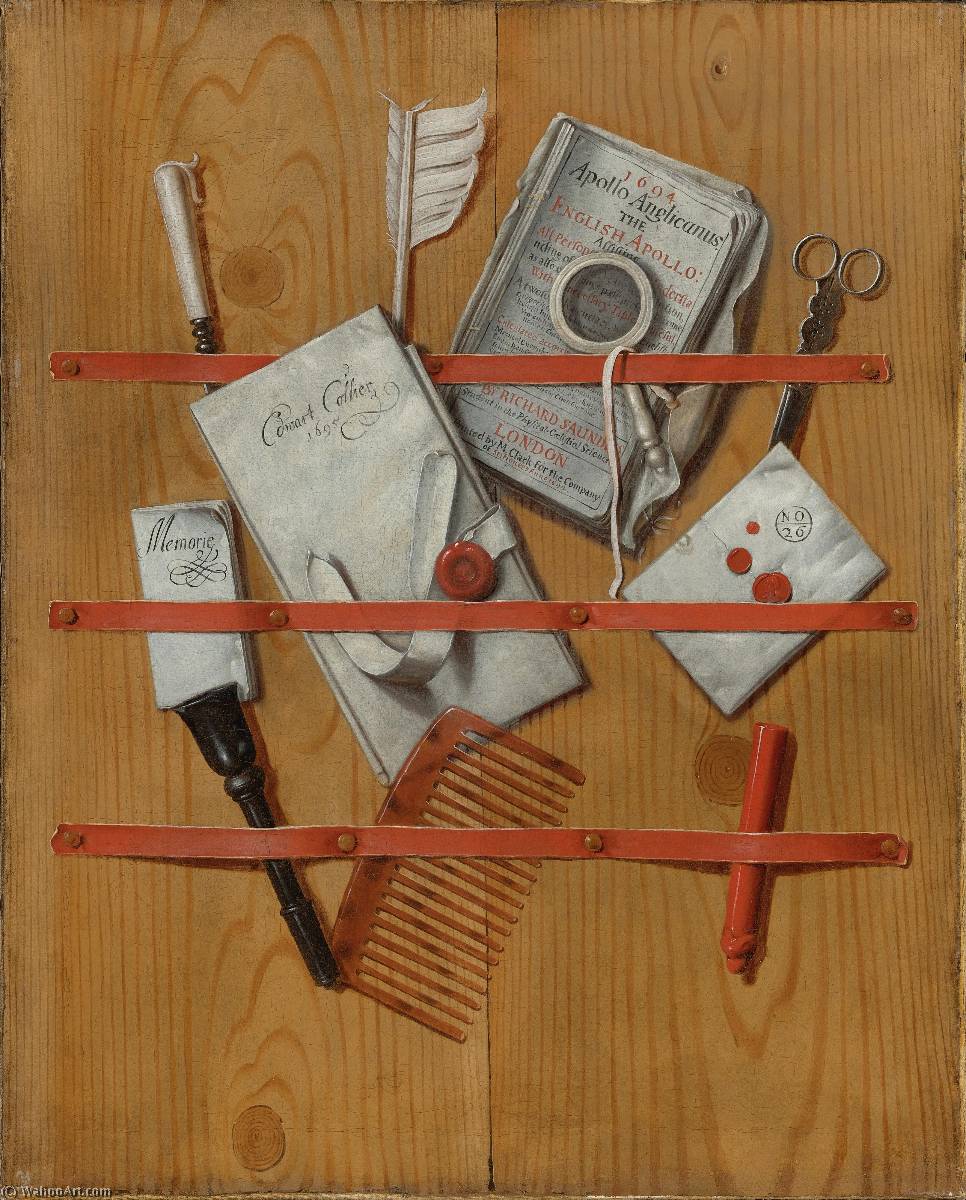 A Trompe L'oeil Still Life With Letters, A Magazine, A Notebook, A Magnifying Glass, Scissors, A Quill, A Letter Opener And A Tortoise Shell Comb — Edwaert Collier