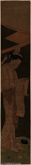 Woman Standing Beside A Mosquito Net Reading A Letter — Suzuki Harunobu
