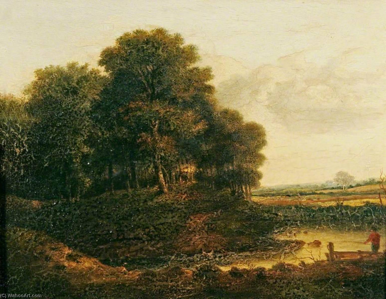 A Grove Of Trees Near A Stream With A Man Fishing From A Boat — William Henry Crome
