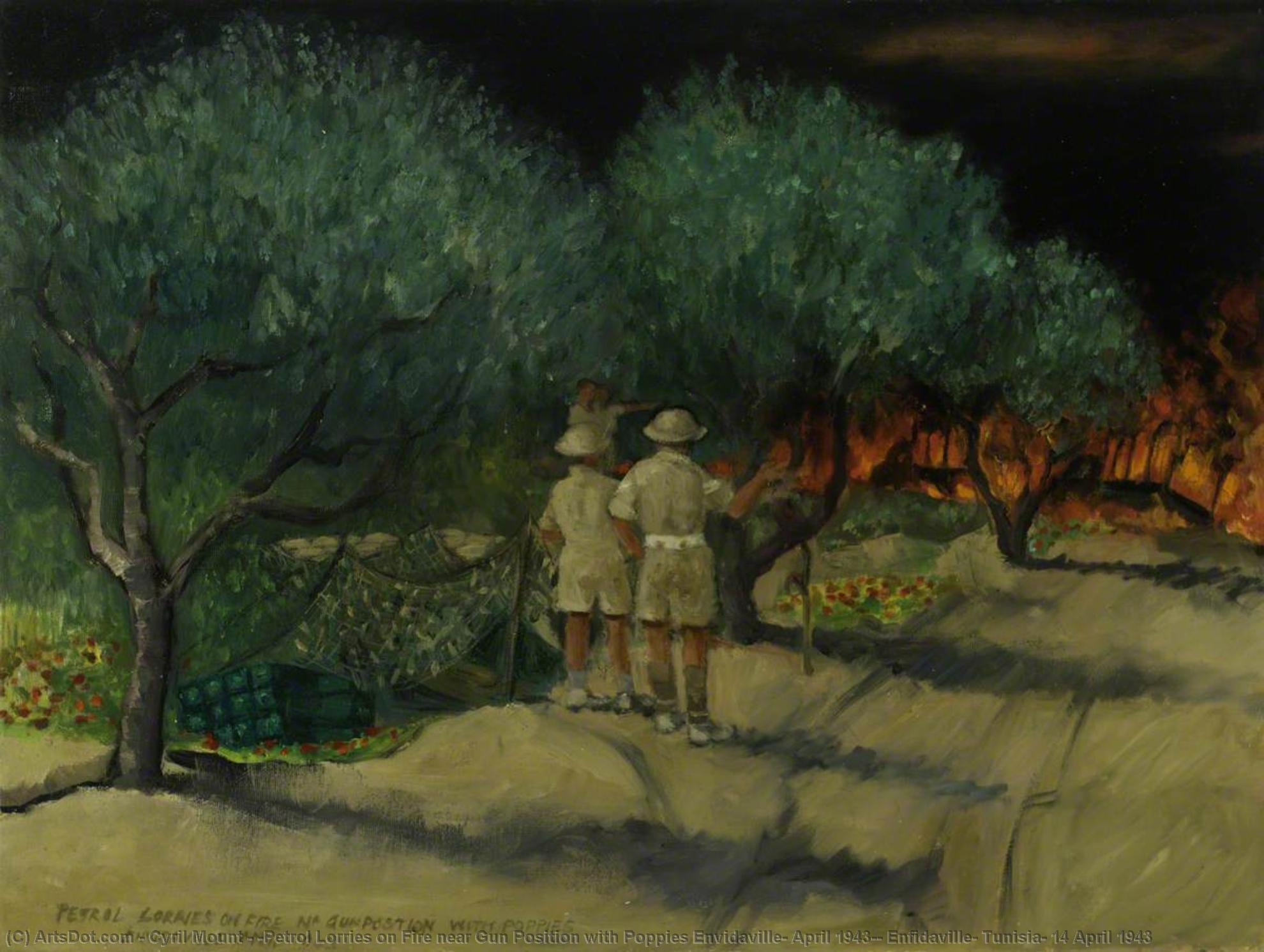 'petrol Lorries On Fire Near Gun Position With Poppies Envidaville, April 1943', Enfidaville, Tunisia, 14 April 1943 — Cyril Mount